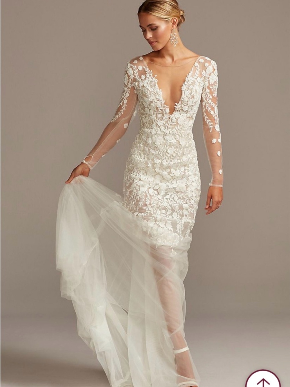 David's Bridal Ivory Lace Long-Sleeve Plunge Gown with Tulle Overlay - Picture 2 of 8